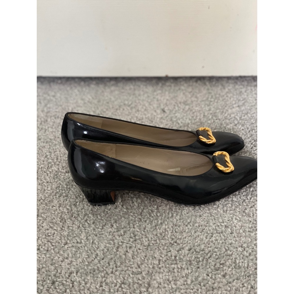 Salvatore Ferragamo Womens Black Patent Leather Block Heel Pumps 7 AAA Italy